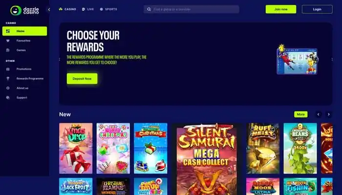 Current DazzleCasino homepage or casino lobby interface