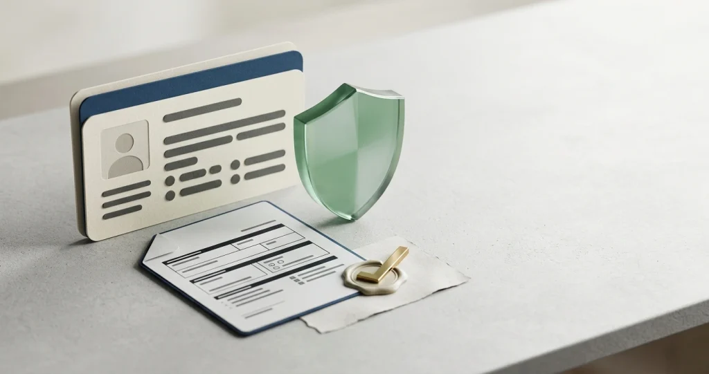 Conceptual illustration representing identity verification, account security and document checking without imitating a real DazzleCasino interface
